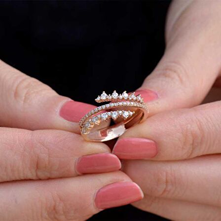 14 Ayar Altın Üç Sıra Taşlı Yüzük