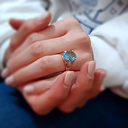 14k Altın Mavi Topaz Taşlı Yüzük