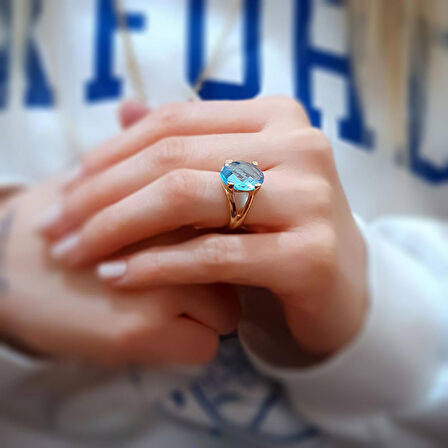 14k Altın Mavi Topaz Taşlı Yüzük