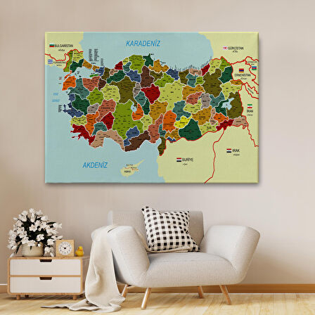 Harita Sepeti Türkiye Haritası Kanvas Tablo İl ve İlçeli Ayrıntılı Eğitici Komşulu Tablo 3000