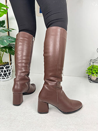 Günlük Kadın Yüksek Kalın Topuklu Fermuarlı Diz Altı Rahat Çizme 3001