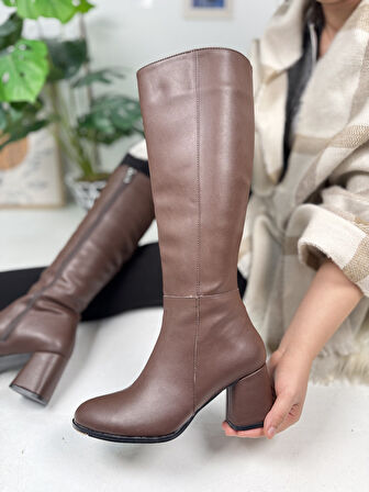 Günlük Kadın Yüksek Kalın Topuklu Fermuarlı Diz Altı Rahat Çizme 3001