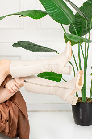 Günlük Kadın Yüksek Kalın Topuklu Fermuarlı Diz Altı Rahat Çizme 3001