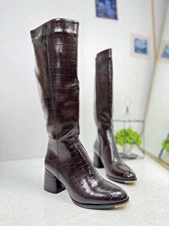 Günlük Kadın Yüksek Kalın Topuklu Fermuarlı Diz Altı Rahat Çizme 3001