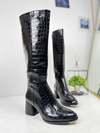 Günlük Kadın Yüksek Kalın Topuklu Fermuarlı Diz Altı Rahat Çizme 3001