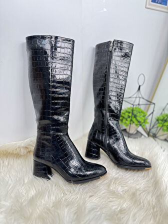 Günlük Kadın Yüksek Kalın Topuklu Fermuarlı Diz Altı Rahat Çizme 3001