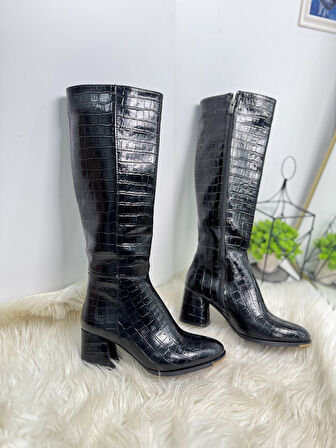 Günlük Kadın Yüksek Kalın Topuklu Fermuarlı Diz Altı Rahat Çizme 3001