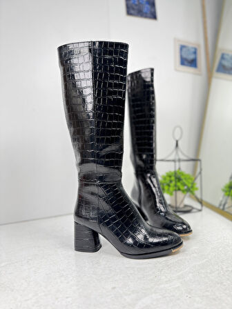 Günlük Kadın Yüksek Kalın Topuklu Fermuarlı Diz Altı Rahat Çizme 3001