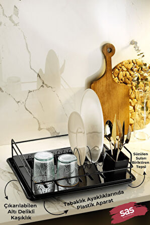 Tek Katlı Siyah Bulaşıklık – Dayanıklı Paslanmaz Bulaşık Sepeti, Tepsili, Tabak ve Kaşık Kurutmalık 