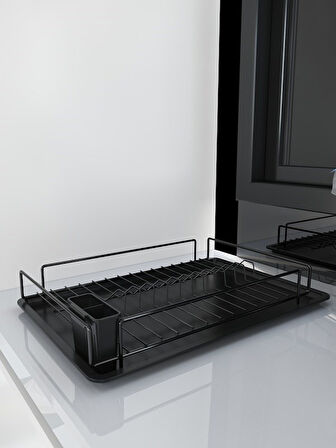 Premium Siyah Tek Katlı Bulaşıklık, Dayanıklı Paslanmaz Termoplastik Kaplama Tepsili, Kaşıklıklı 