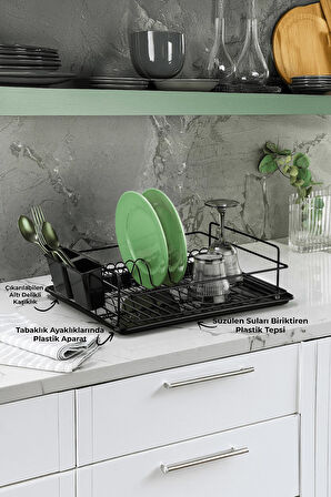 Tek Katlı Siyah Bulaşıklık – Dayanıklı Paslanmaz Termoplastik Kaplama Bulaşık Sepeti, Tepsili