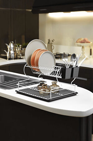 2 Katlı Beyaz Bulaşıklık – Dayanıklı Paslanmaz Termoplastik Kaplama Bulaşık Sepeti, Tepsili, Tabak