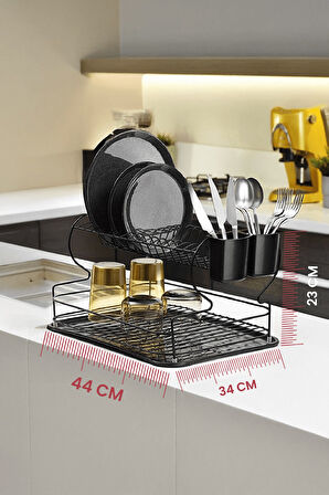 2 Katlı Siyah Bulaşıklık – Dayanıklı Paslanmaz Termoplastik Kaplama Bulaşık Sepeti, Tepsili, Tabak