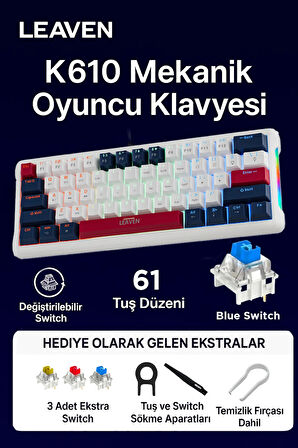 K610 Kablolu Lacivert - Beyaz Mekanik Oyuncu Klavyesi-61 Tuş Rgb-Hot Swap - Mavi Switch