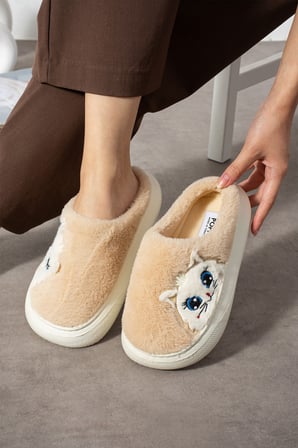 Poppy Berlin Kadın Figürü Sevimli Pijama Kedi Desen Peluşlu Hafif Kaymaz Eva Taban Kışlık Terlik