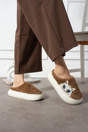 Poppy Berlin Kadın Figürü Sevimli Pijama Kedi Desen Peluşlu Hafif Kaymaz Eva Taban Kışlık Terlik