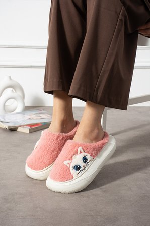 Poppy Berlin Kadın Figürü Sevimli Pijama Kedi Desen Peluşlu Hafif Kaymaz Eva Taban Kışlık Terlik