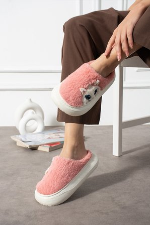 Poppy Berlin Kadın Figürü Sevimli Pijama Kedi Desen Peluşlu Hafif Kaymaz Eva Taban Kışlık Terlik
