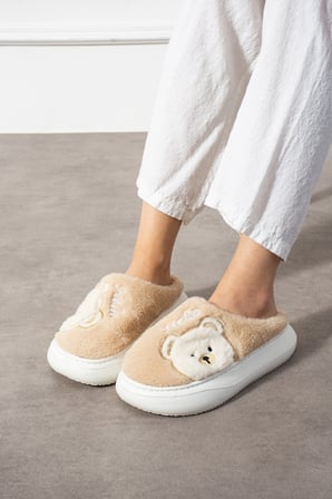Poppy Paris Kadın Sevimli Ayıcık Figürü Desen Peluşlu Hafif Kaymaz Eva Taban Kışlık Terlik