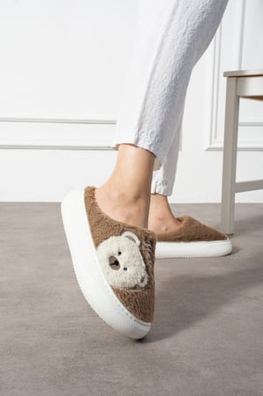 Poppy Paris Kadın Sevimli Ayıcık Figürü Desen Peluşlu Hafif Kaymaz Eva Taban Kışlık Terlik