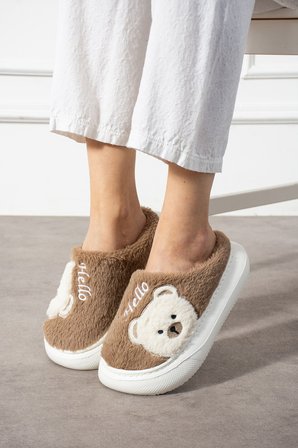 Poppy Paris Kadın Sevimli Ayıcık Figürü Desen Peluşlu Hafif Kaymaz Eva Taban Kışlık Terlik