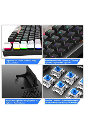 K550 Kablolu Hot-Swap Blue Switch RGB Mekanik Klavye 87 Tuş