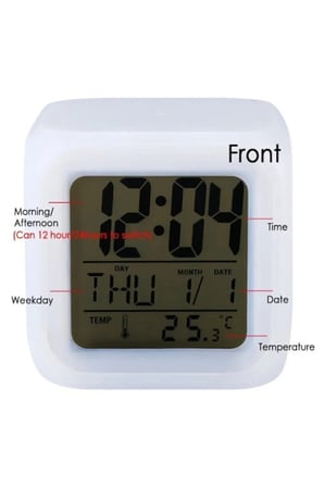 Küp Saat Yedi Renk Değiştiren Alarmlı Takvimli Dekoratif  Masa Saati