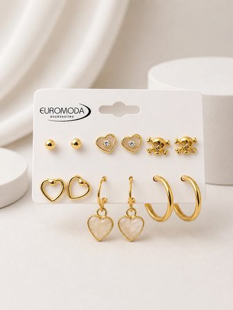 Ekru Mineli Kalp Detaylı Gold Renk 6'lı Küpe Seti