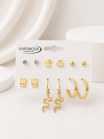 Nostalji Detaylı Gold Renk 6'lı Küpe Seti