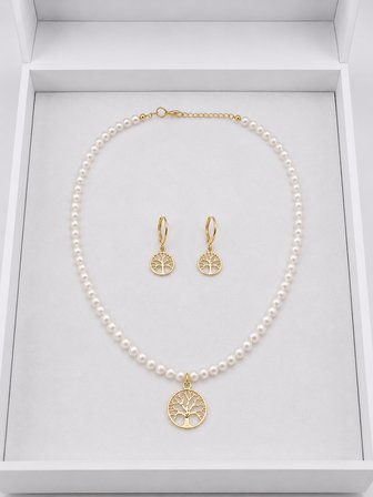 Hayat Ağacı Gold Detaylı İnci 2'li Kolye Ve Küpe Seti