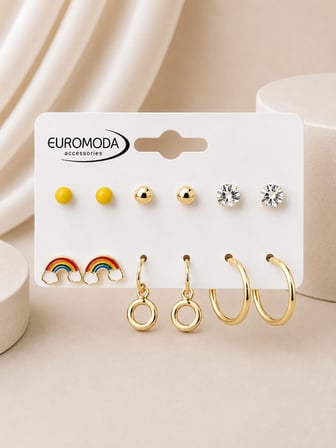Gökkuşağı Detaylı Gold Renk 6'lı Küpe Seti