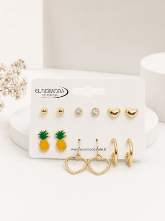 Ananas Detaylı Gold Renk 6'lı Küpe Seti