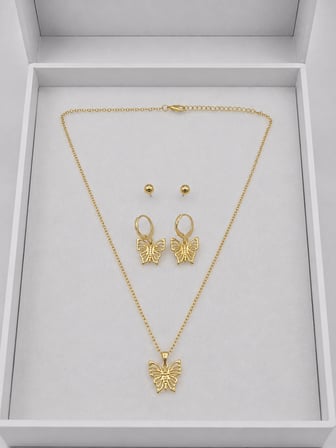 Kelebek Detaylı Gold Renk 3'lü Kolye Top Küpe Seti