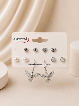 Kuş Kalp Detaylı Gümüş Renk 5'Lİ Küpe Seti