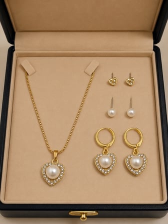 Kalp Büyük İnci Detaylı Gold Renk 4'lü Kolye Küpe Seti