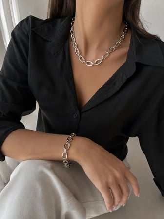 Unisex Oval Halkalı Zincir 2'li Kolye Bileklik Seti
