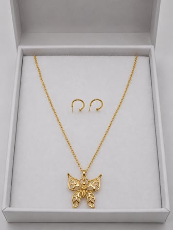 Büyük Kelebek Detaylı Gold Renk 2'li Zincir Kolye Küpe Seti