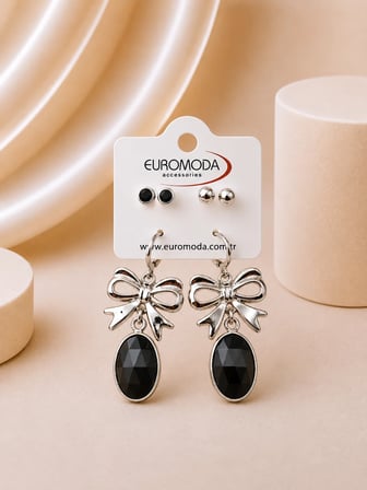 Fiyonk Oval Detaylı Büyük Siyah Kristal Taşlı 3'lü Sallantılı Küpe Seti