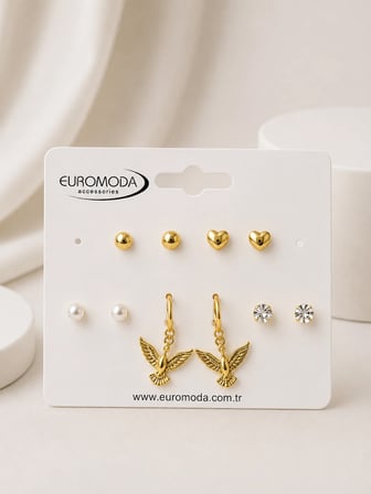 Kuş Kalp Detaylı Gold Renk 5''li Küpe Seti