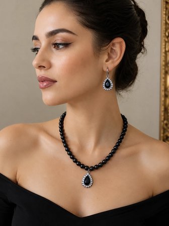 Damla Taş Detaylı 2'li Siyah İnci Kolye Ve Küpe Seti