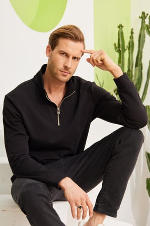 Erkek Yarım Fermuarlı Sweatshirt Siyah