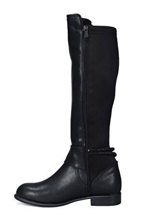 Kadın Klasik Topuk İp Detaylı Siyah Çizme