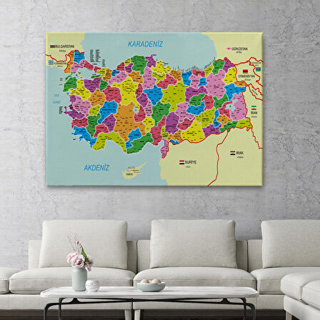 Harita Sepeti Türkiye Haritası Kanvas Tablo İl ve İlçeli Ayrıntılı Eğitici Komşulu Tablo 3001