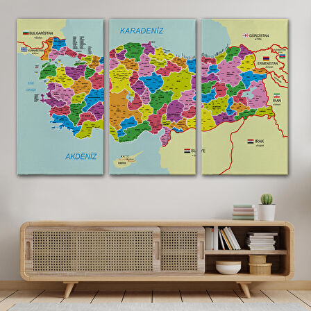 Harita Sepeti Türkiye Haritası Kanvas Tablo İl ve İlçeli Ayrıntılı Eğitici Komşulu Tablo 3001