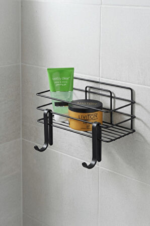 Tekli Siyah Yapışkanlı Banyo Rafı + 2’li Askı Kanca Seti – Paslanmaz Metal Duş Şampuanlık (Yapıştır/