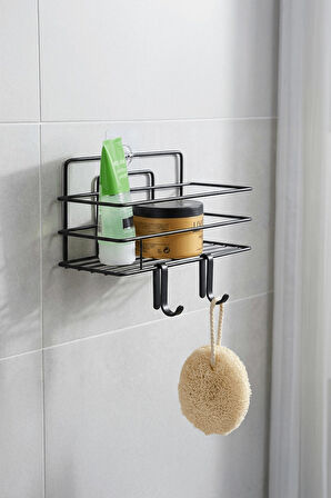 Tekli Siyah Yapışkanlı Banyo Rafı + 2’li Askı Kanca Seti – Paslanmaz Metal Duş Şampuanlık (Yapıştır/