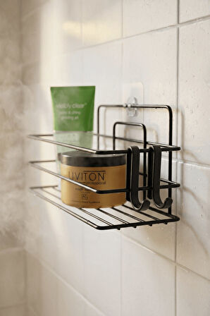 Tekli Siyah Yapışkanlı Banyo Rafı + 2’li Askı Kanca Seti – Paslanmaz Metal Duş Şampuanlık (Yapıştır/