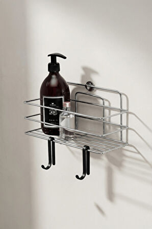 Tekli Krom Yapışkanlı Banyo Rafı + 2’li Askı Kanca Seti – Paslanmaz Metal Duş Şampuanlık (Yapıştır/V