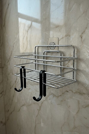 Tekli Krom Yapışkanlı Banyo Rafı + 2’li Askı Kanca Seti – Paslanmaz Metal Duş Şampuanlık (Yapıştır/V