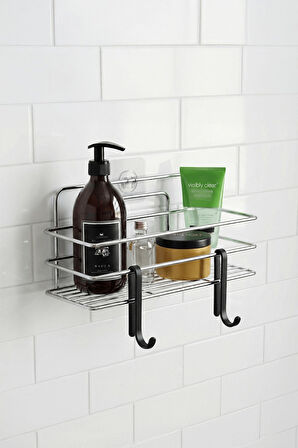 Tekli Krom Yapışkanlı Banyo Rafı + 2’li Askı Kanca Seti – Paslanmaz Metal Duş Şampuanlık (Yapıştır/V